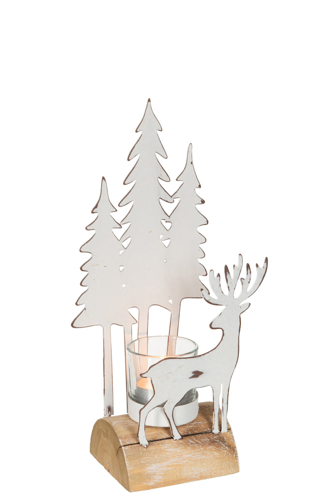 J-Line Theelichthouder Kerst Hout/Metaal Wit/Natuurlijk Klein