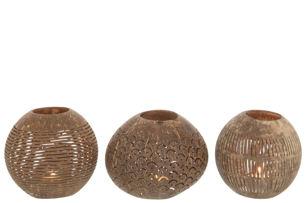 Theelichthouder Kokosnootlijnen Bruin Assortiment Van 3