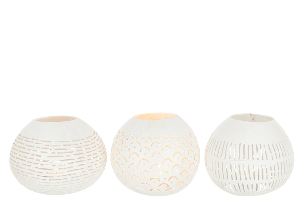 Theelichthouder Kokosnoot Lijnen Wit Assortiment Van 3