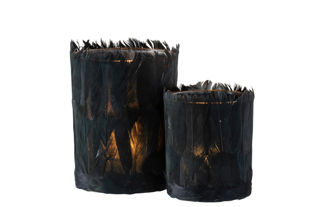 Theelichthouder Veren Glas Zwart Groot