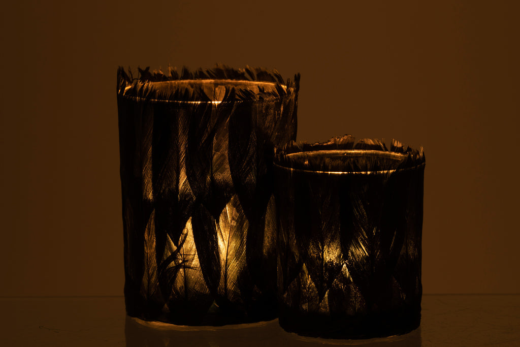 Theelichthouder Veren Glas Zwart Groot
