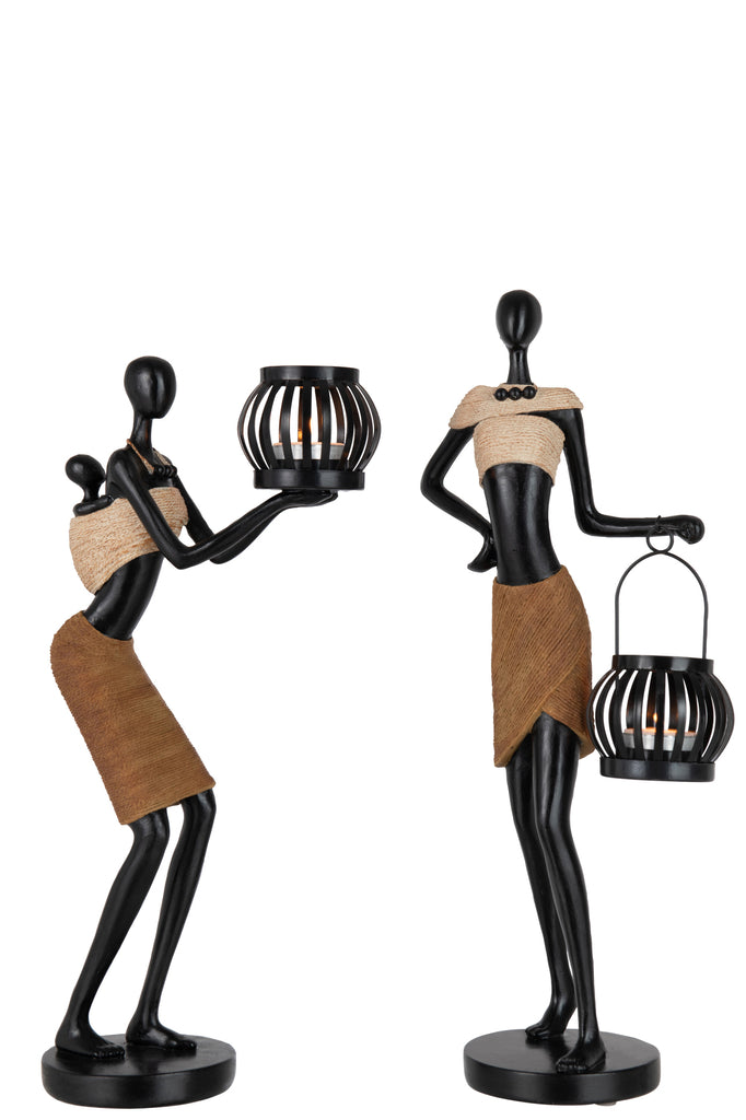 Theelichthouder Op Hoofd Van Figuur Etnisch Poly Bruin Assortiment Van 2