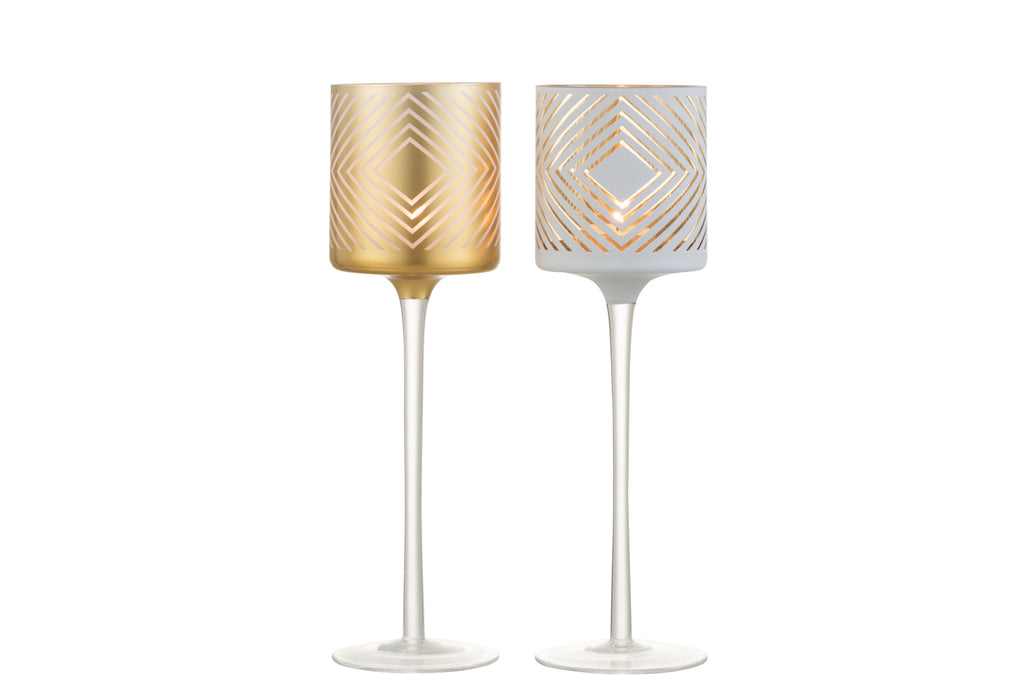 Theelichthouder Op Voet Ruitvormig Glas Wit/Goud Groot Assortiment Van 2