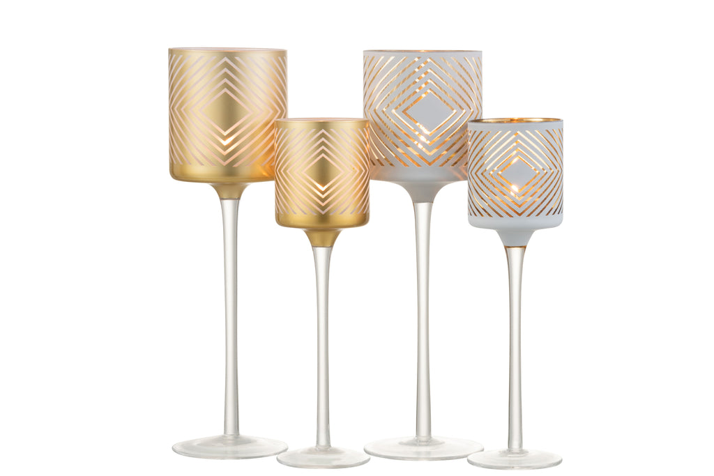 Theelichthouder Op Voet Ruitvormig Glas Wit/Goud Groot Assortiment Van 2