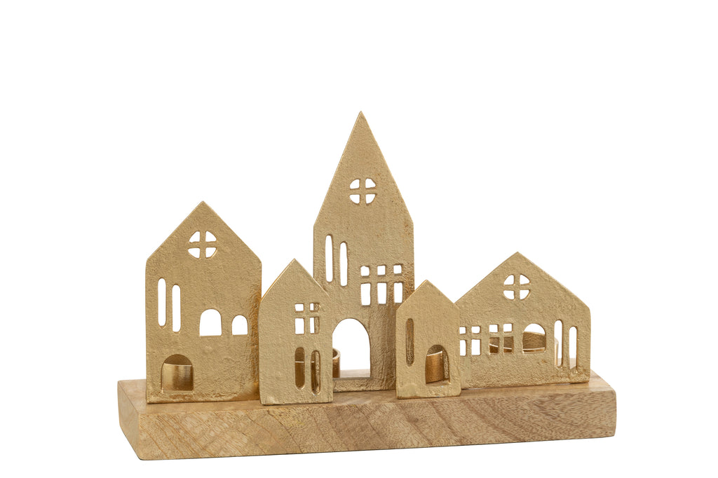 Theelichthouder Huis Aluminium/Hout Goud/Natuurlijk