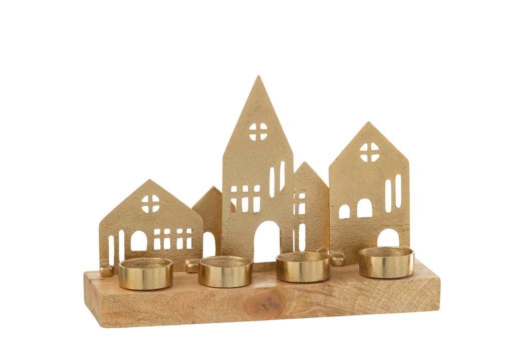 Theelichthouder Huis Aluminium/Hout Goud/Natuurlijk