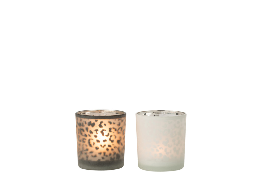 Theelichthouder Luipaard Glas Wit/Zwart Klein Assortiment Van 2