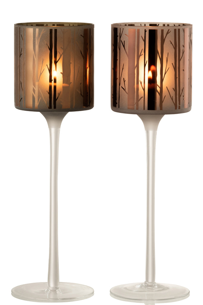 Theelichthouder Op Voet Boom Glas Bruin Groot Assortiment Van 2