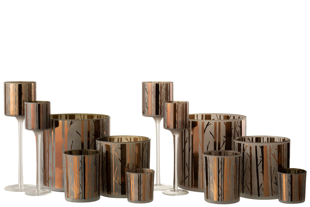 Theelichthouder Op Voet Boom Glas Bruin Groot Assortiment Van 2