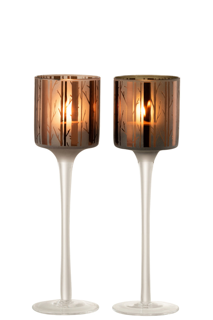 Theelichthouder Op Voet Boom Glas Bruin Klein Assortiment Van 2