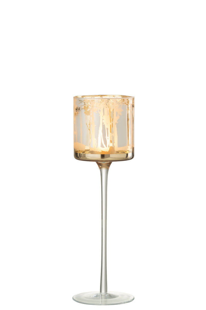 Theelichthouder Op Voet Bomen Glas Goud Groot