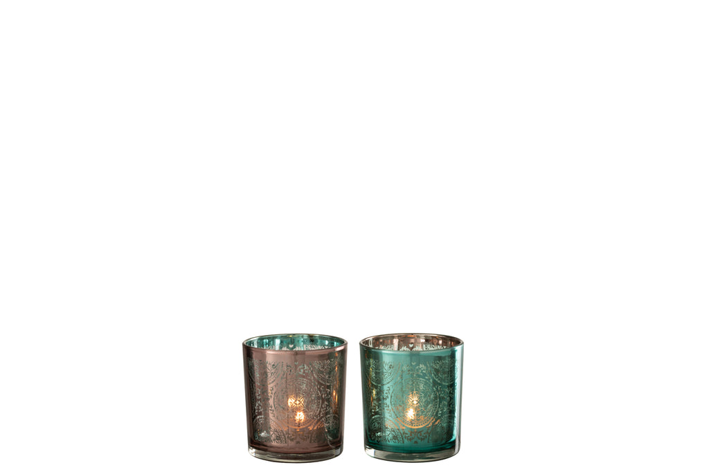 Theelichthouder Oosters Glas Azuur/Koper Klein Assortiment Van 2