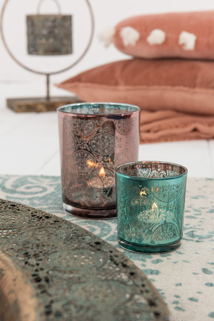 Theelichthouder Oosters Glas Azuur/Koper Klein Assortiment Van 2