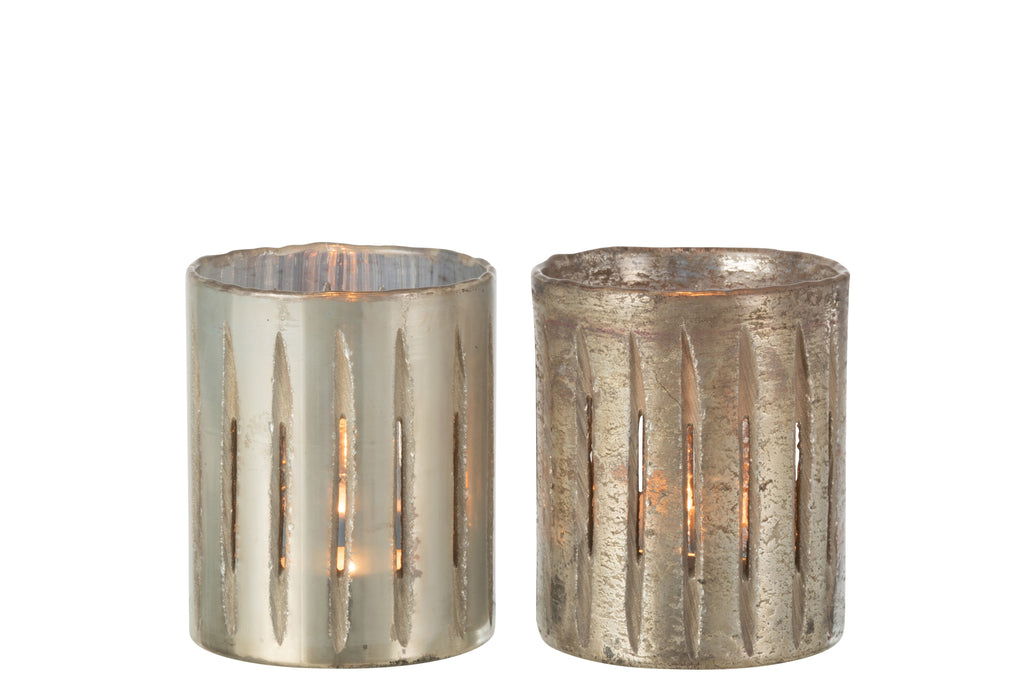 Theelichthouder Streep Glas Blauw Medium Assortiment Van 2