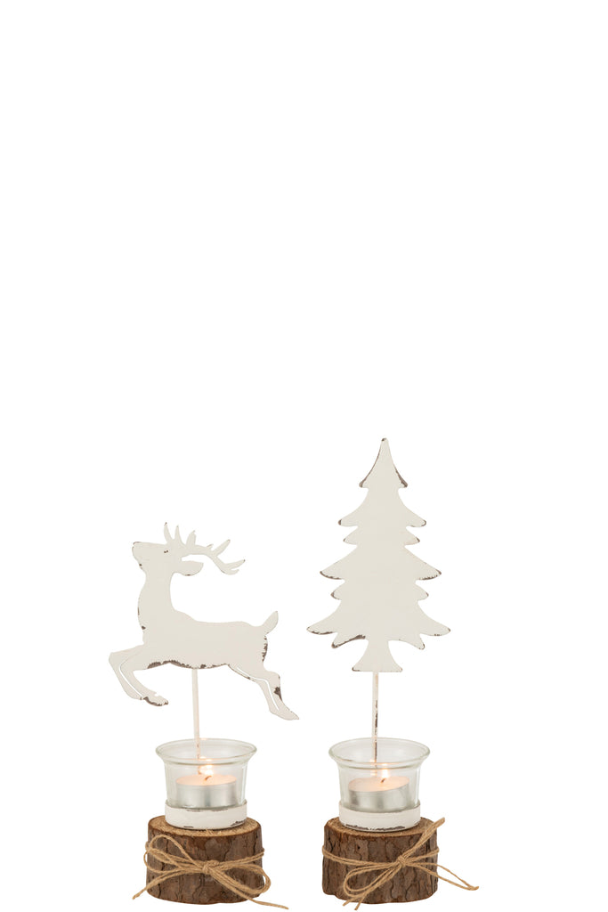 Theelichthouder op boomstam Boom/Rendier Hout/Glas Wit/Bruin Assortiment van twee