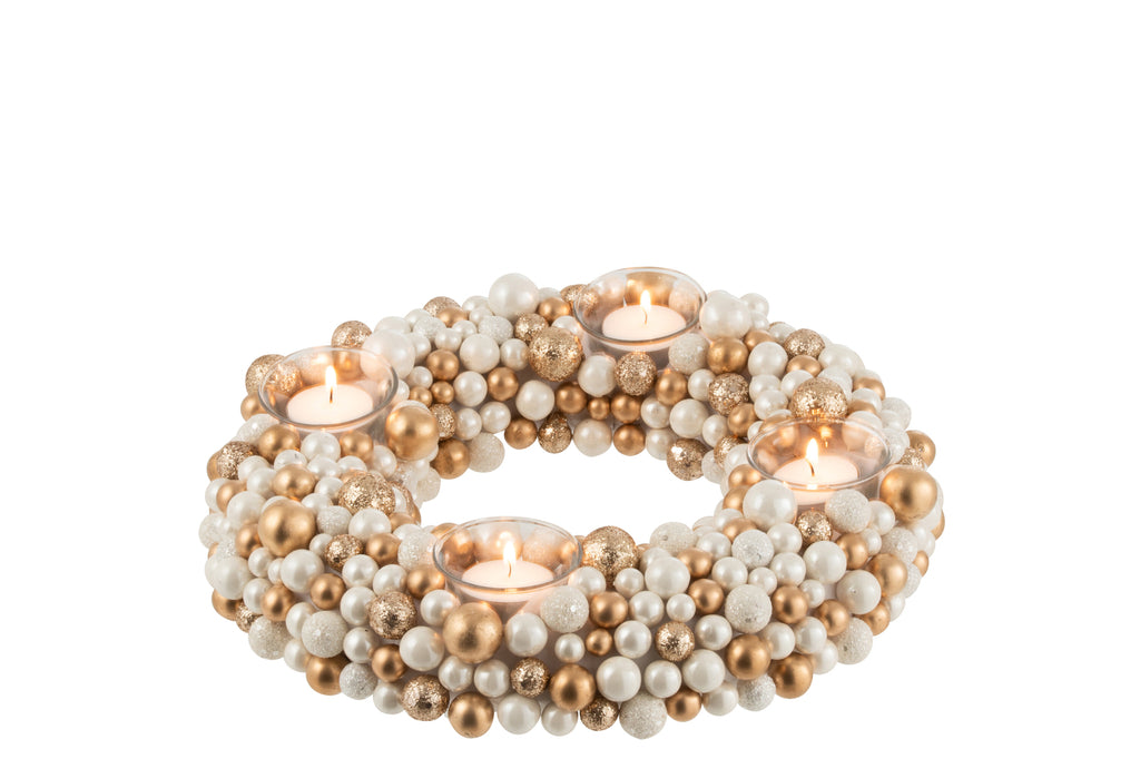 Theelichthouder krans Mini kerstballen Ecru/Goud
