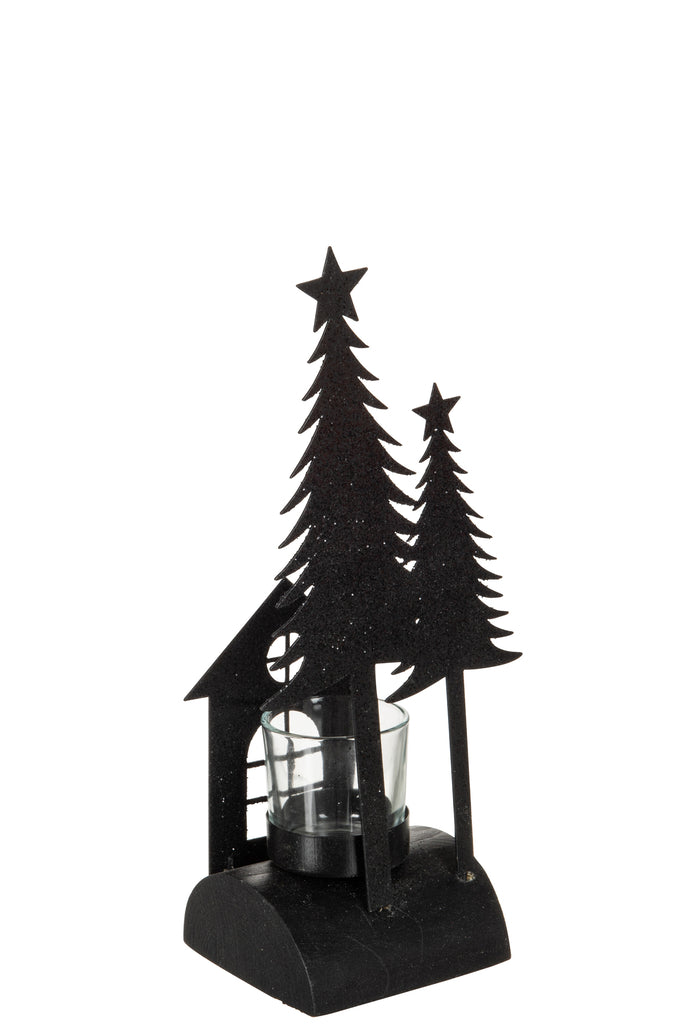 J-Line Tealight Holder Christmas Glitter Wood/Metal Black Small