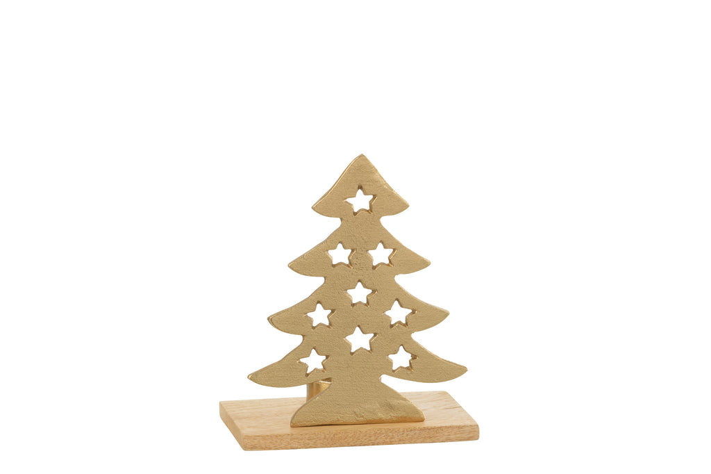 Theelichthouder Kerstboom Aluminium/Hout Natuur/Goud Klein