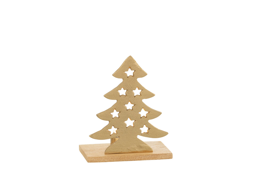 Theelichthouder Kerstboom Aluminium/Hout Natuur/Goud Klein