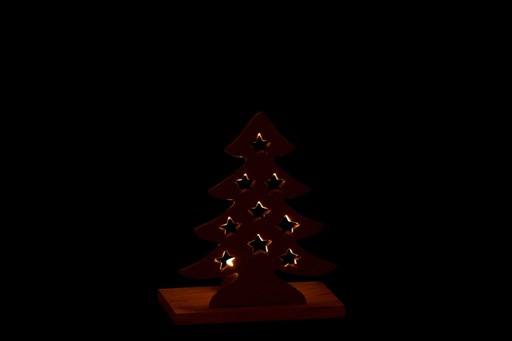 Theelichthouder Kerstboom Aluminium/Hout Natuur/Goud Klein