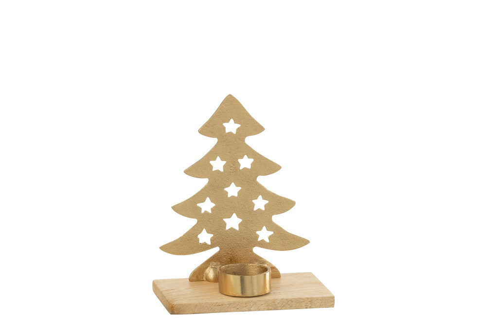 Theelichthouder Kerstboom Aluminium/Hout Natuur/Goud Klein