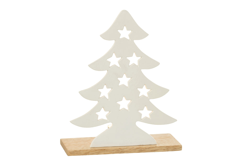 J-Line Theelichthouder Kerstboom Aluminium/Hout Wit/Natuurlijk Groot