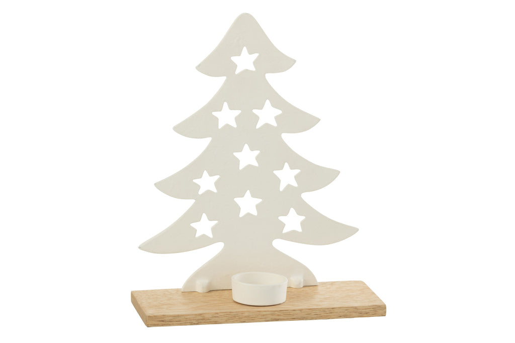 J-Line Theelichthouder Kerstboom Aluminium/Hout Wit/Natuurlijk Groot