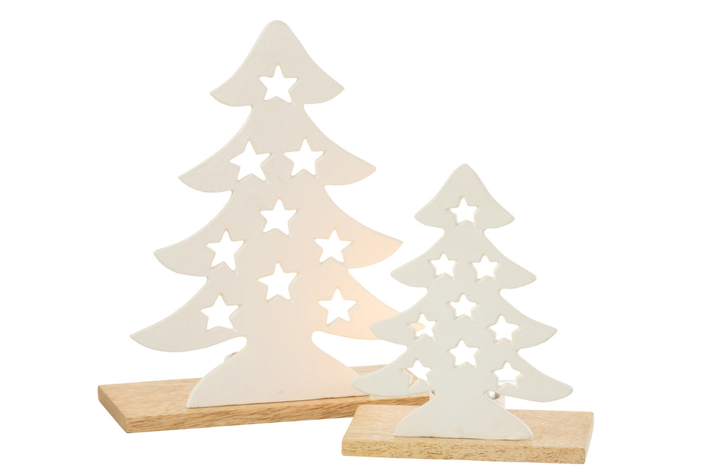 J-Line Theelichthouder Kerstboom Aluminium/Hout Wit/Natuurlijk Groot