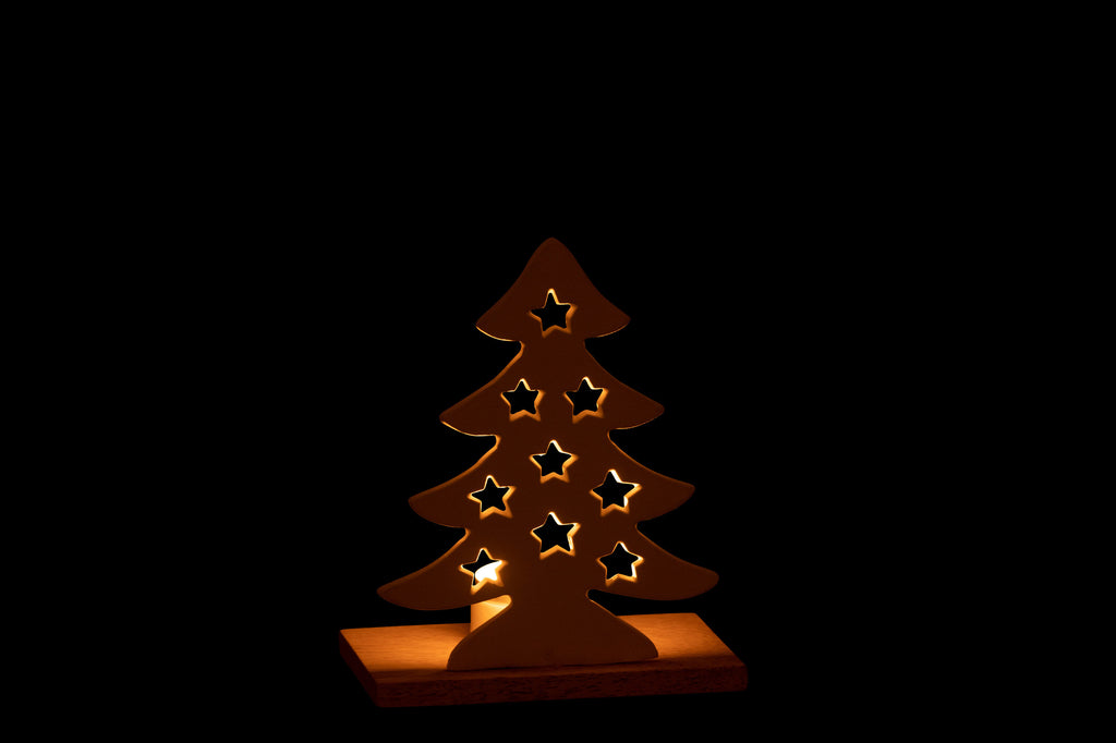 Theelichthouder Kerstboom Aluminium/Hout Wit/Natuurlijk Klein