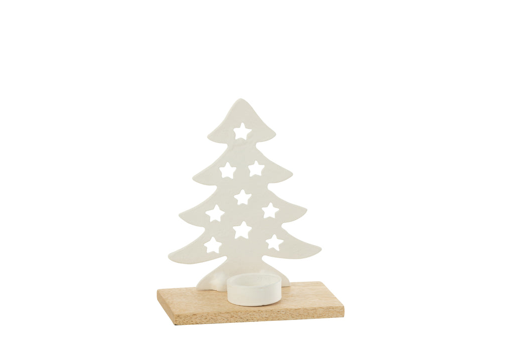 Theelichthouder Kerstboom Aluminium/Hout Wit/Natuurlijk Klein