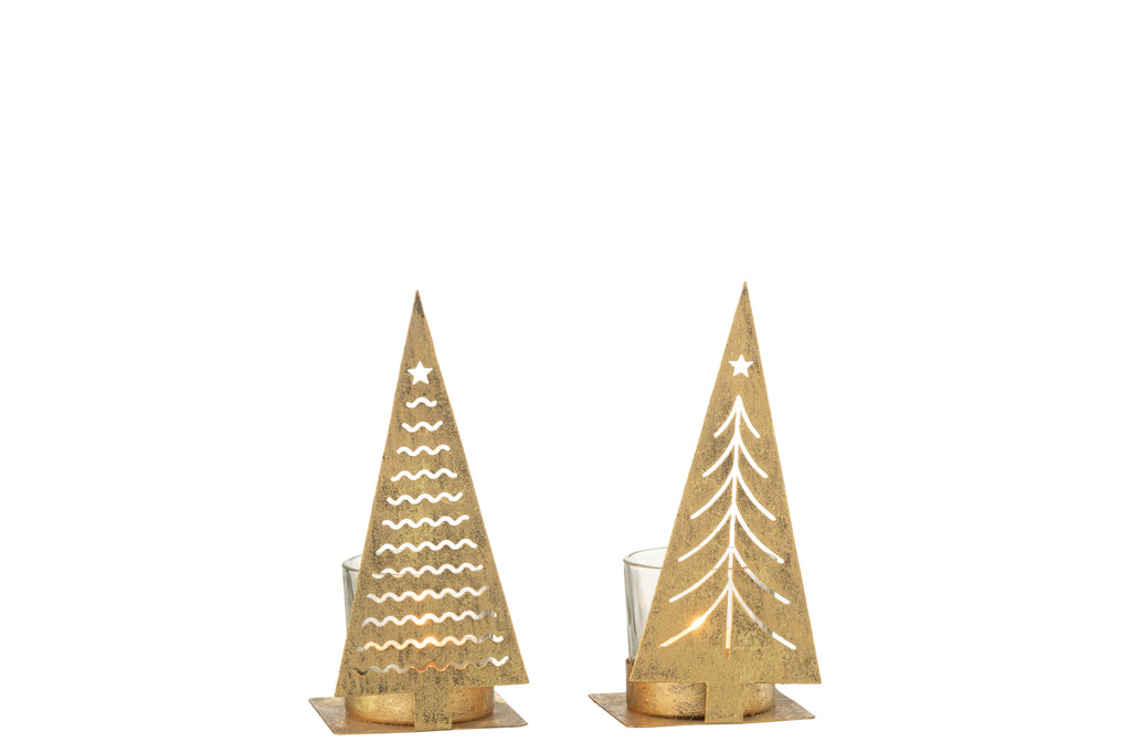 Theelichthouder Kerstboom Metaal Goud Assortiment Van 2