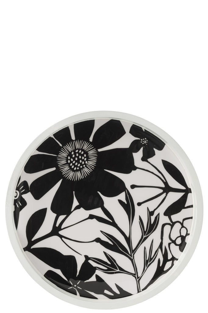 Tray Round With Handles Floral Pattern Mango Wood Black/White