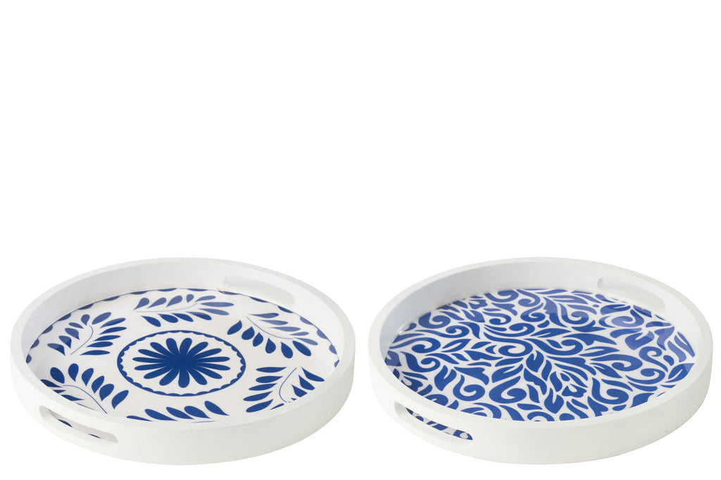 Dienblad Rond Met Handgrepen Bloemmotief Mangohout Blauw/Wit Assortiment Van 2