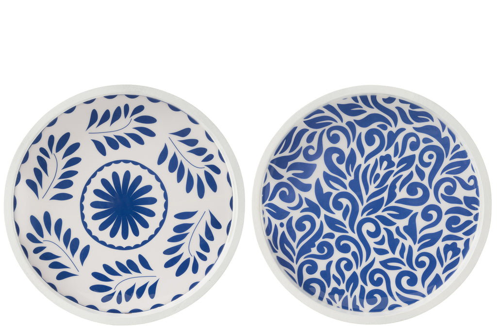 Dienblad Rond Met Handgrepen Bloemmotief Mangohout Blauw/Wit Assortiment Van 2