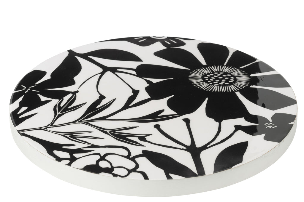 Tray Turning Round Floral Pattern Mango Wood Black/White