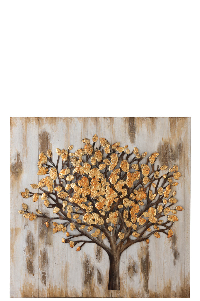 Wanddecoratie Boom Vierkant Metaal/Hout Antiek Goud/Natuurlijke Was/Oranje