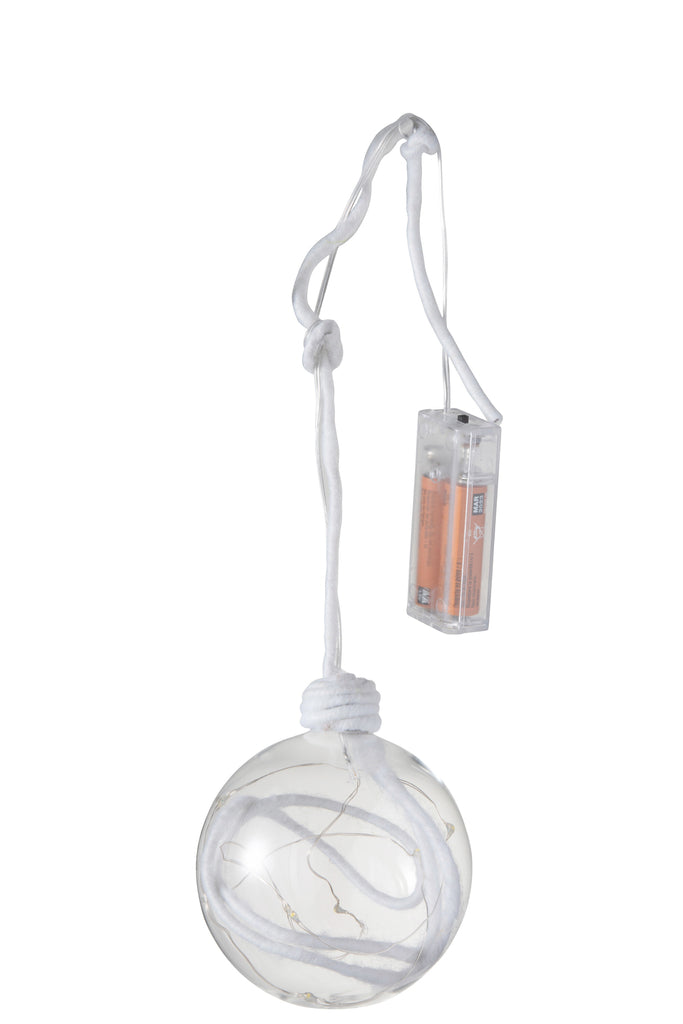 J-Line Kerstbal Bal+Touw+Led Glas Helder Wit Medium