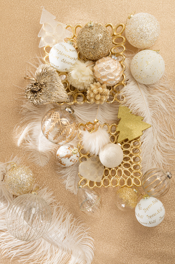 Kerstbal met stippen van plastic fluweel crème/goud groot