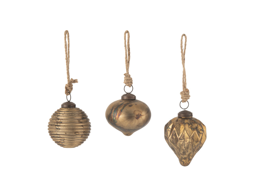 Kerstbal Geoxideerd Glas Antiek Goud Klein Assortiment Van 3