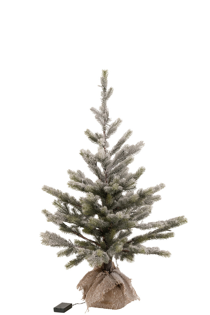 Kerstboom met sneeuw, led-verlichting en batterij in pot van jute plastic groen groot.