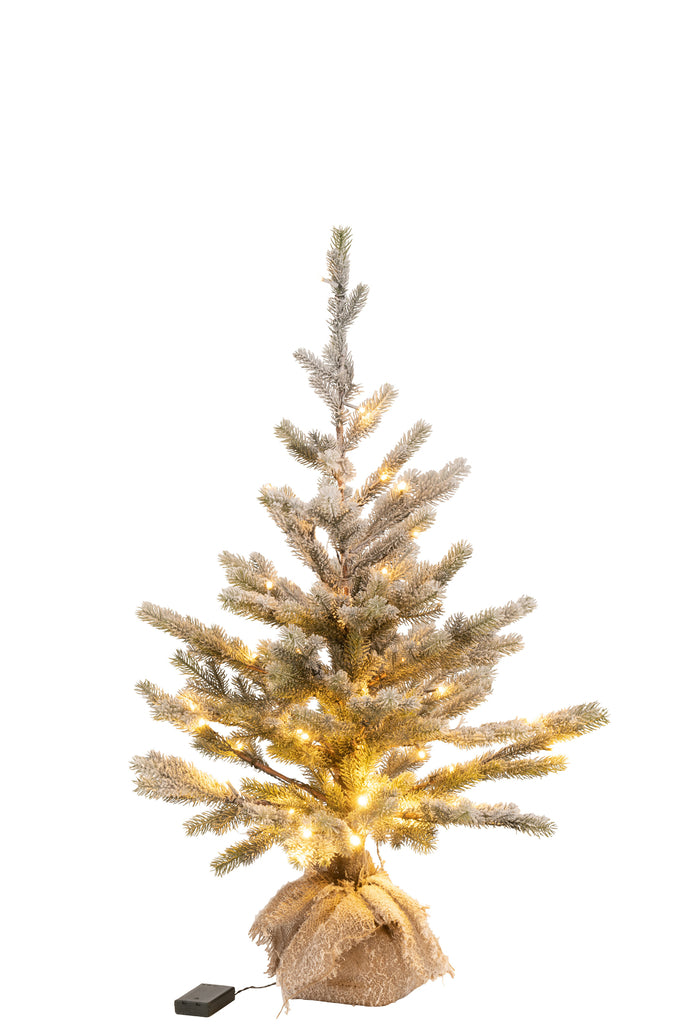 Kerstboom met sneeuw, led-verlichting en batterij in pot van jute plastic groen groot.