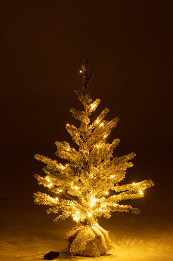 Kerstboom met sneeuw, led-verlichting en batterij in pot van jute plastic groen groot.