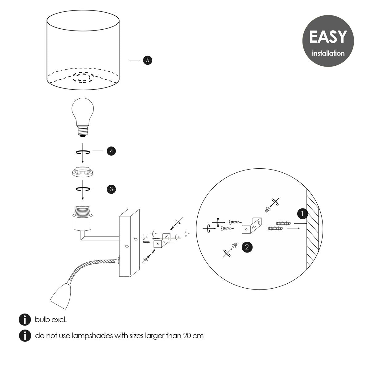 Wandlamp - Read, LED Leeslamp, E27, chocolade 16cm