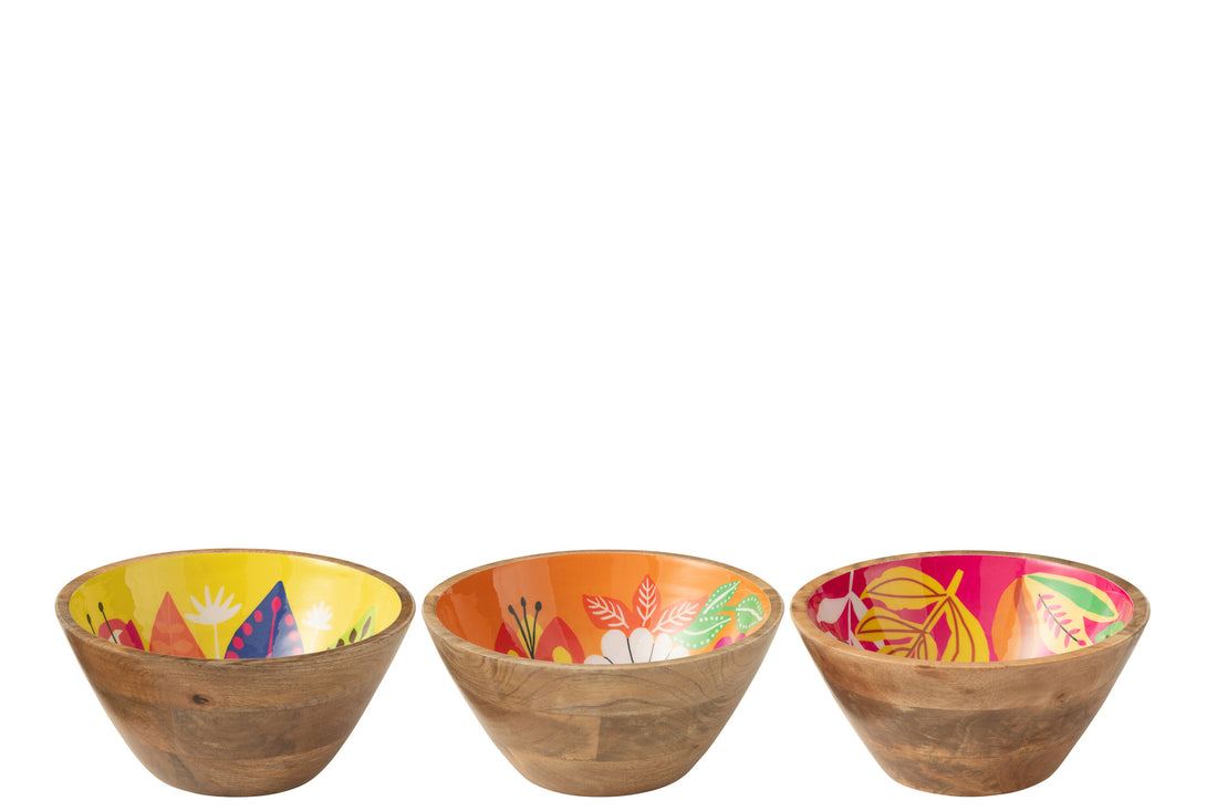 Kom Floral Pattern Mangohout Roze/Oranje/Geel Medium Assortiment Van 3