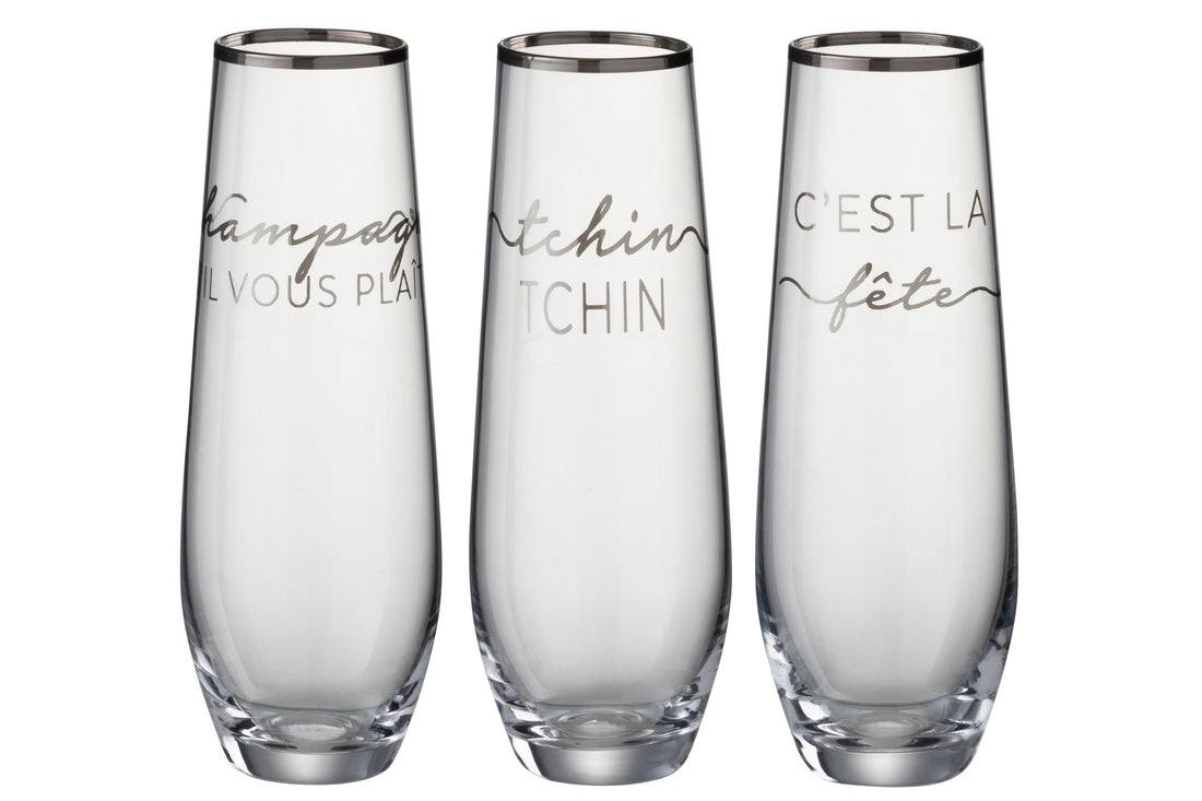 Drinkglas Tekst Franse Rand Glas Transparant/Zilver Assortiment Van 3