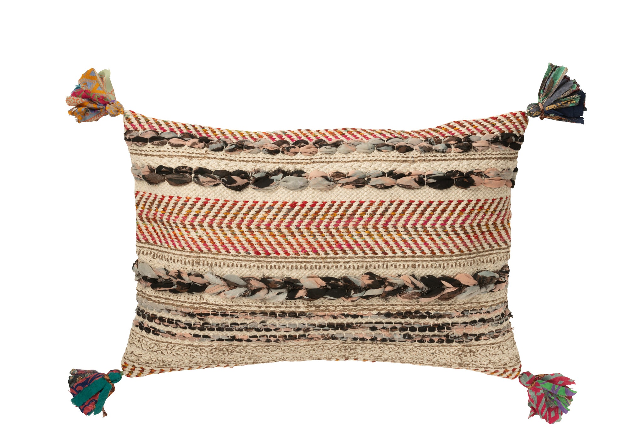 Kussen Rechthoekig Gevlochten Chindi+Kwastjes Katoen Crème/Bruin