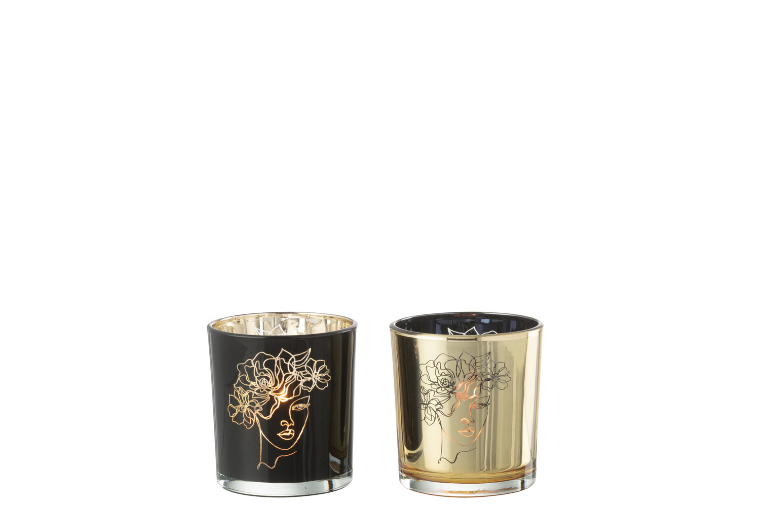 Theelichthouder Lady Hair Flowers Glas Zwart/Goud Klein Assortiment Van 2