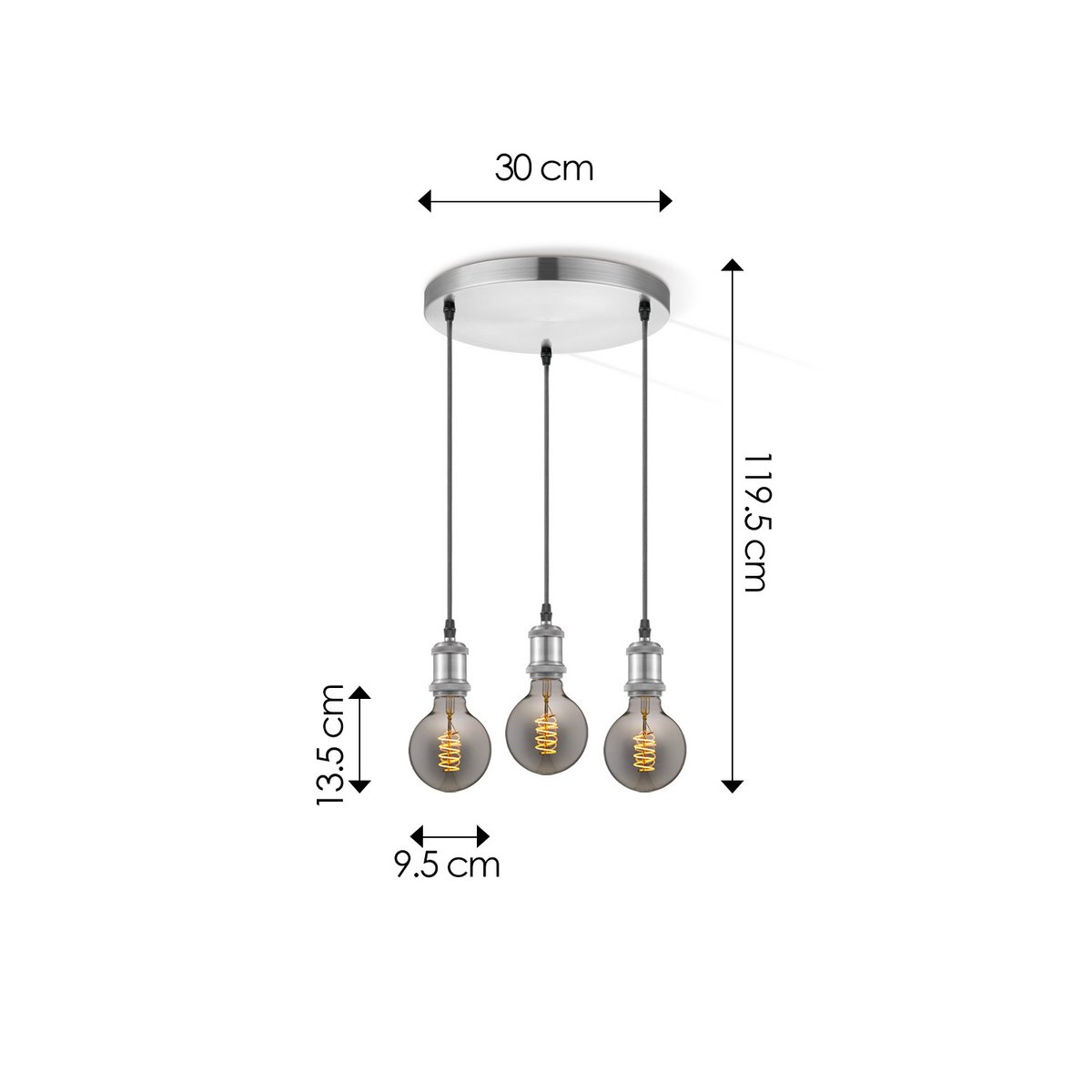 hanglamp chroom vintage rond 3L G125 dimbaar E27 rook