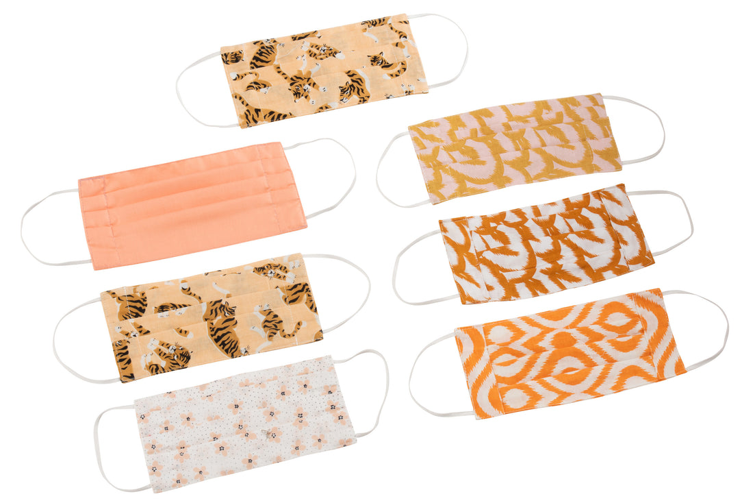 Zak met 7 mondkapjes patronen katoen zalm/oranje