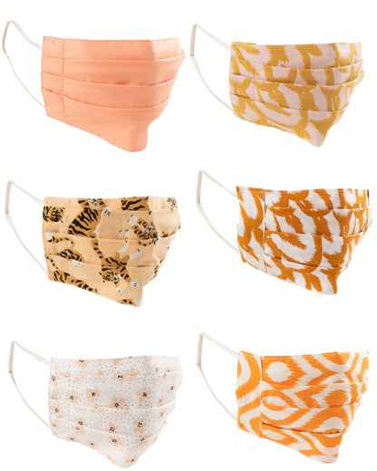 Zak met 7 mondkapjes patronen katoen zalm/oranje